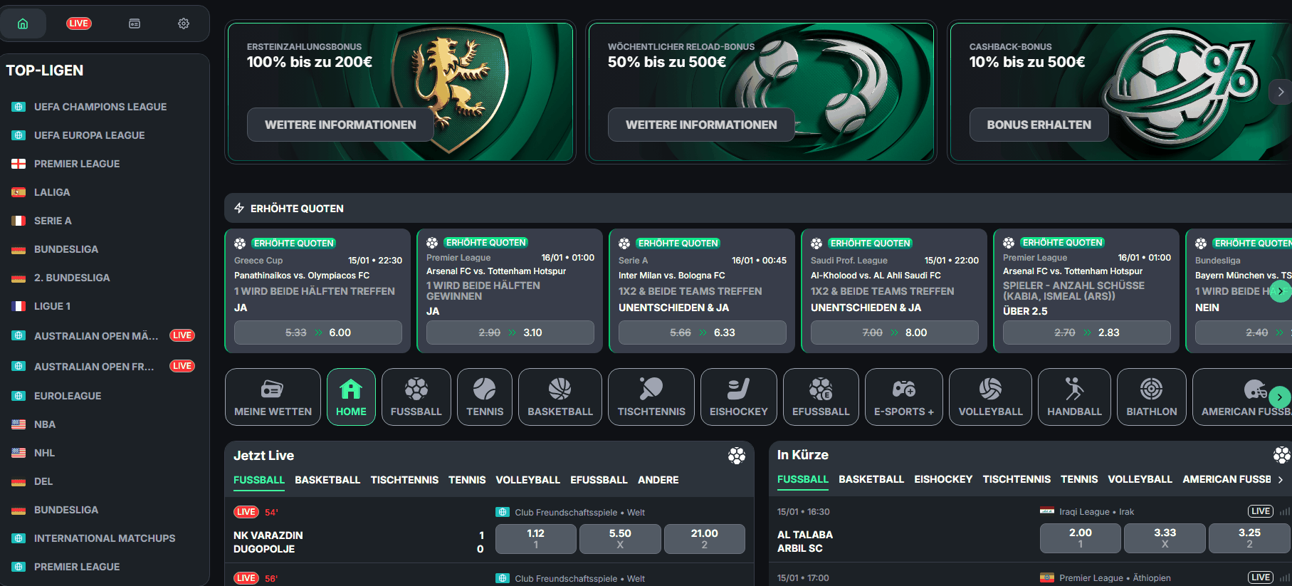 Sportwetten auswahl im Kinbet