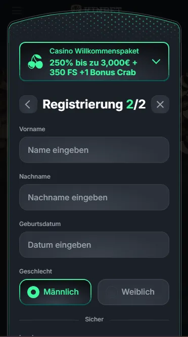 Dateneingabe im Kinbet Casino