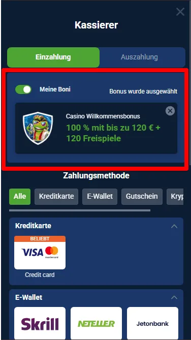 Wahlen die 2 euro Casino Bonus
