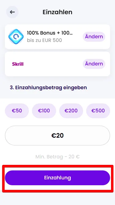 Uberprufen sie die 20 eur Einzahlung