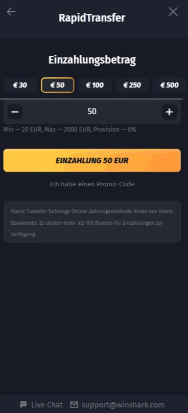 Winshark Casino Rapid Transfer Einzahlung