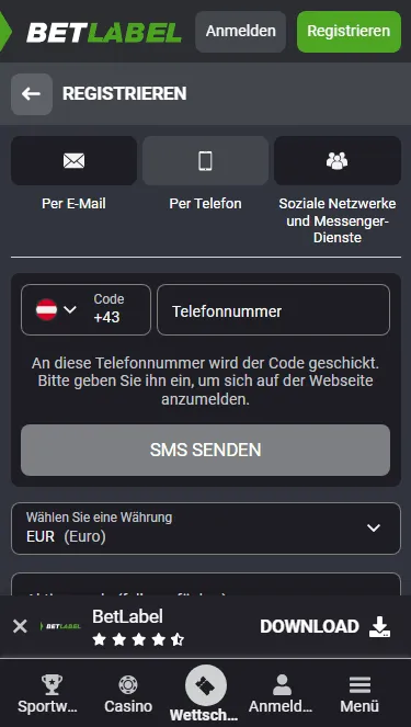 Daten eingaben im Betlabel