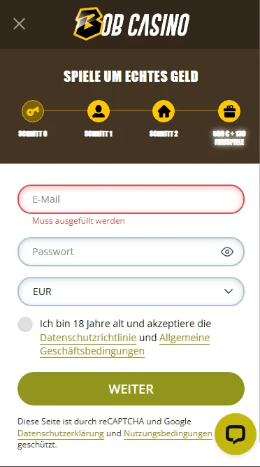Daten Eingaben im Liechtenstein Bob Casino