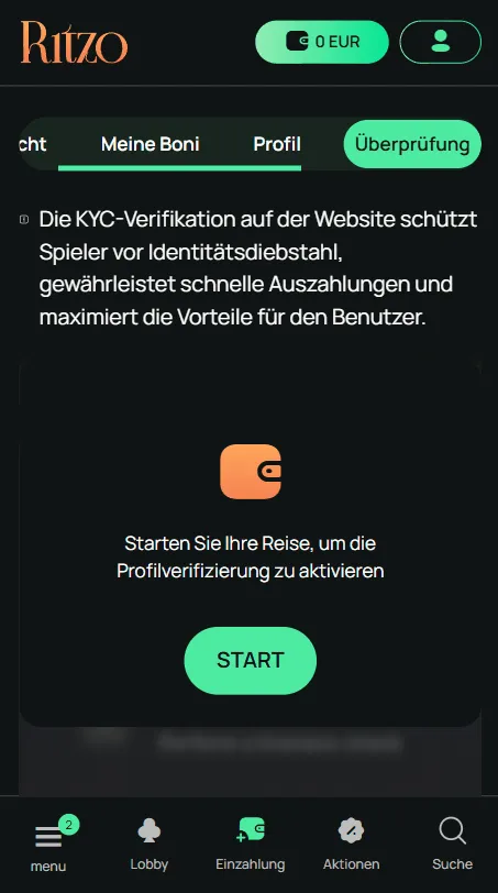 Verifizierung im Ritzo Casino