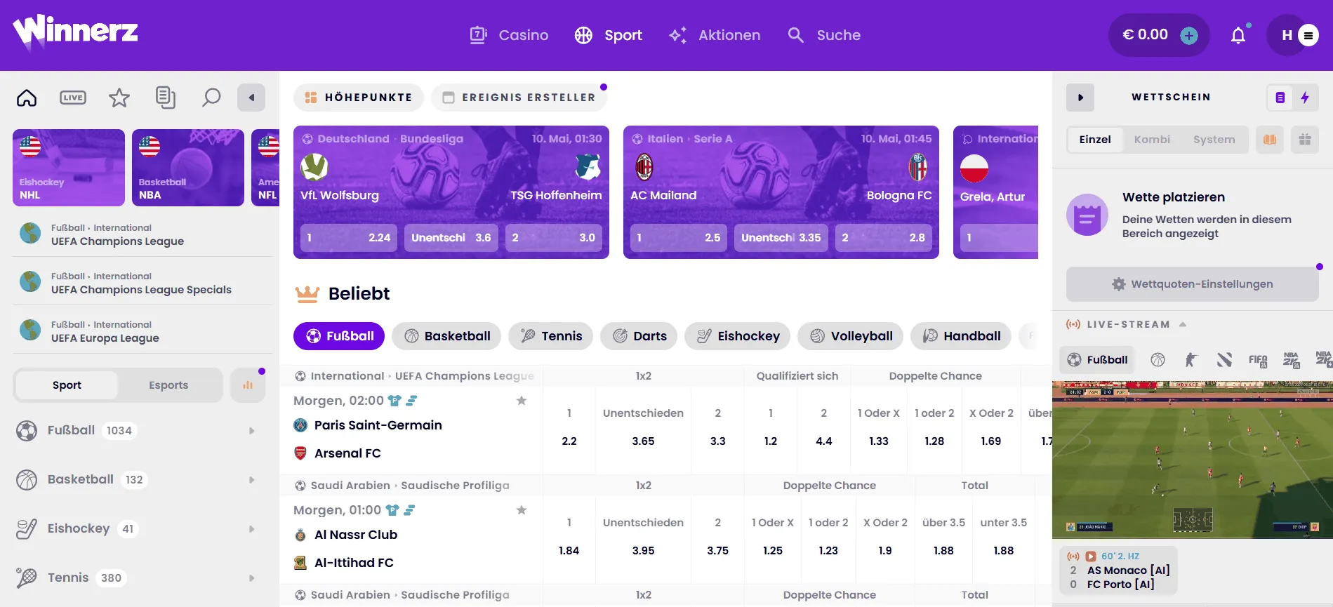 Sportwetten, E-sports und Live Wetten im Winnerz Winnerz Sportwetten