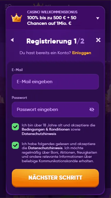 Daten eingaben im 10 EUR Casino Kingmaker