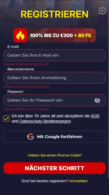 Daten eingaben im 5 EUR Casino Slota