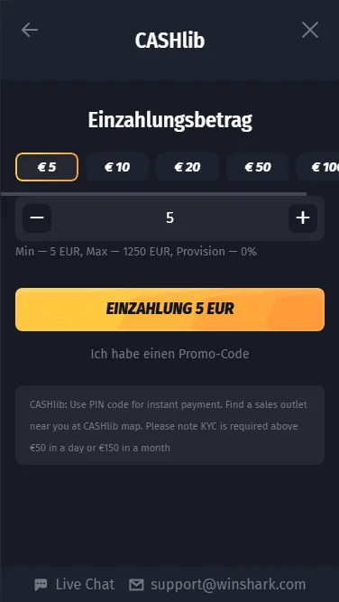 Einzahlung Betrag im Winshark mit Cashlib