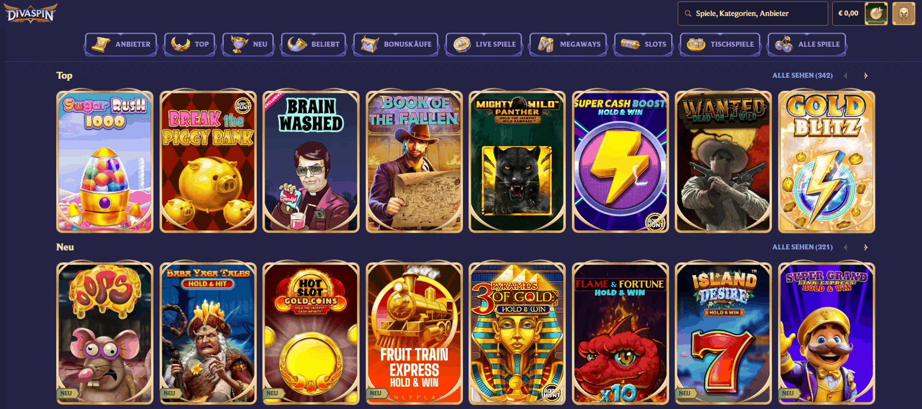 Spielangebot im Divaspin Casino