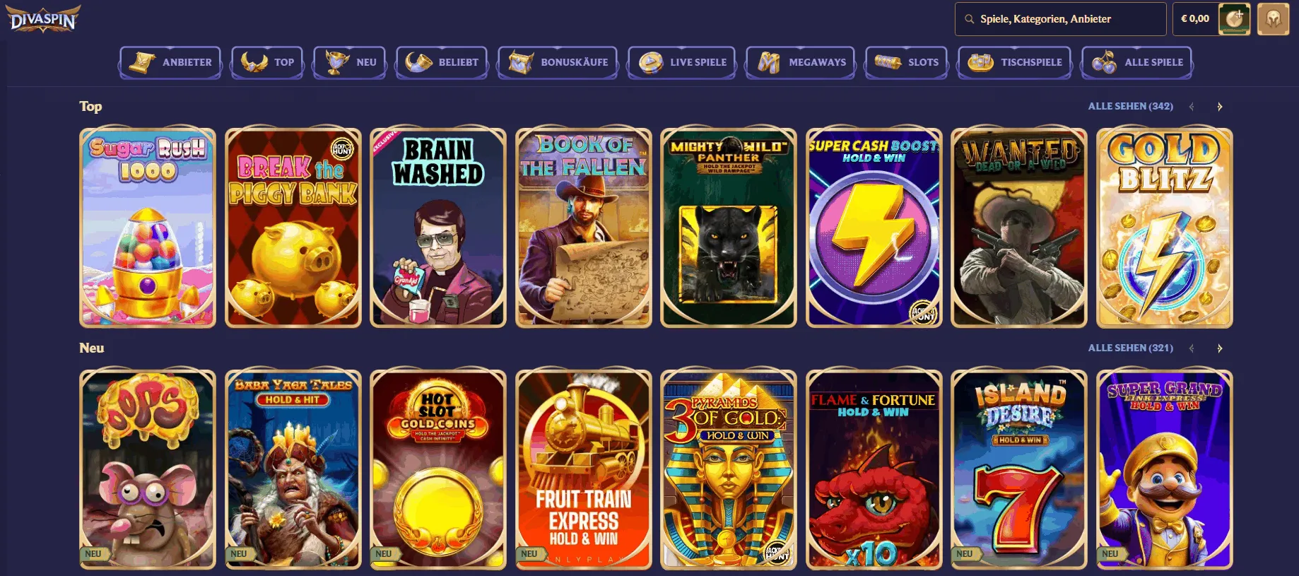 Spielangebot bei Divaspin Spielangebot im Divaspin Casino