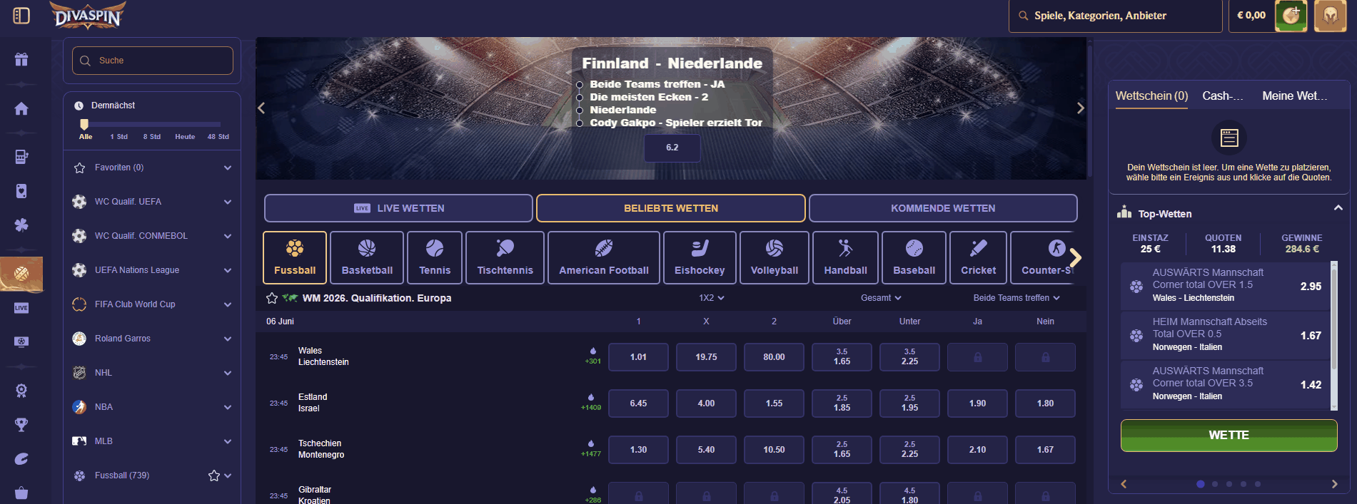 Sportwetten im Divaspin Casino