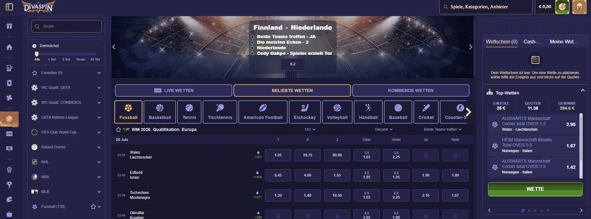 Sportwetten bei Divaspin Sportwetten im Divaspin Casino