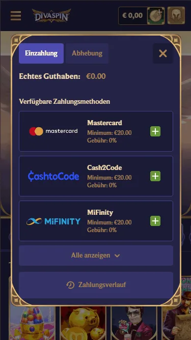 Einzahlung im Divaspin Casino