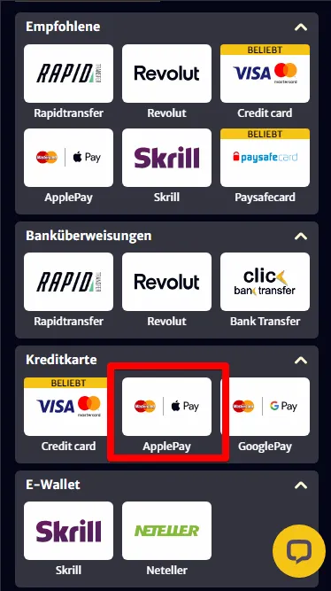 Einzahlung mit Apple Pay im Hell Spin