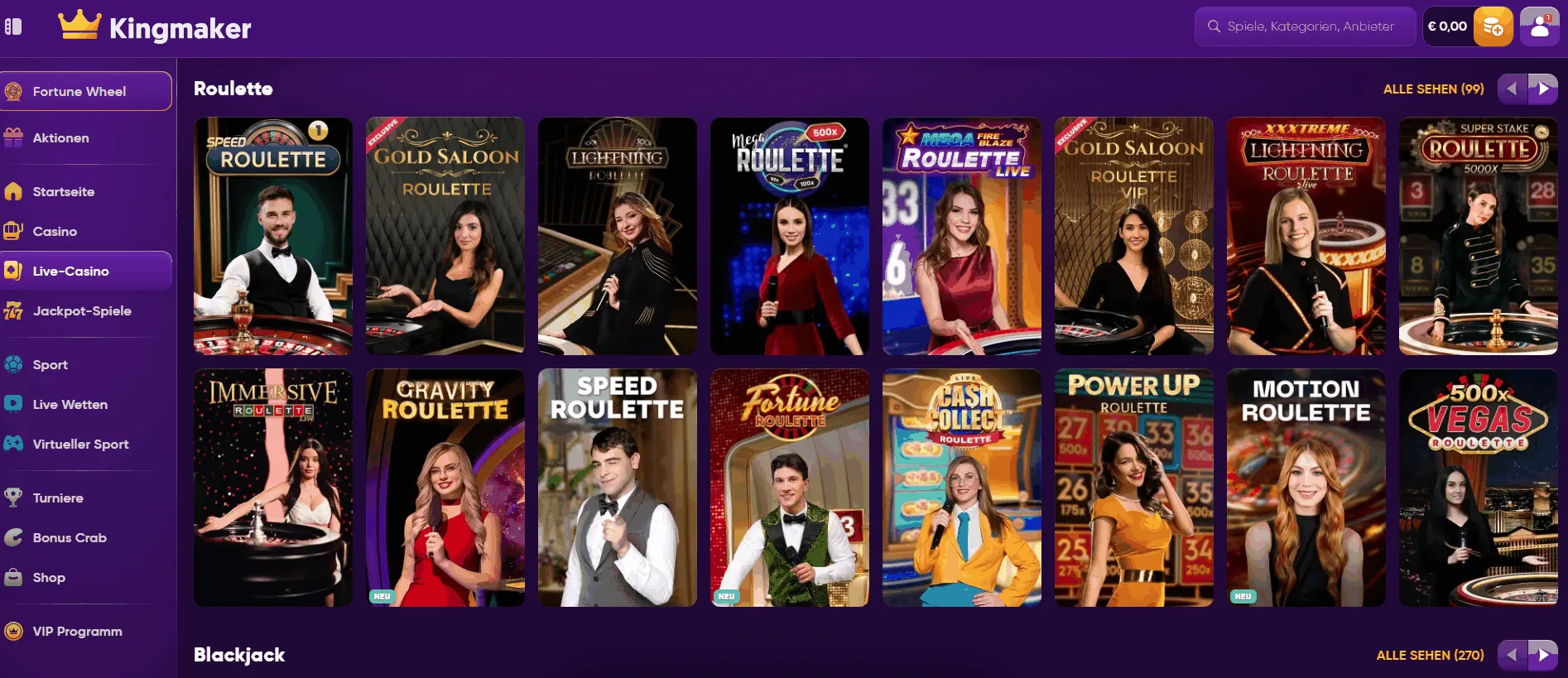 Live Casino im Kingmaker Kingmaker Live-Angebot
