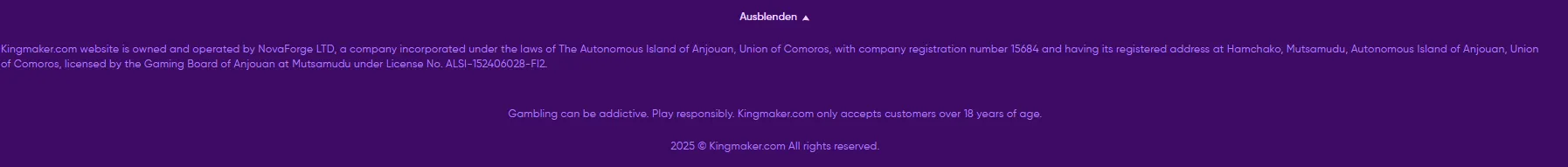 Kingmaker Casino Lizenzen Lizenzen der Kingmaker