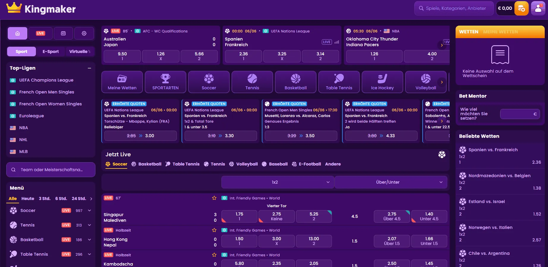 Kingmaker Casino Sportwetten Sportwetten im Kingmaker