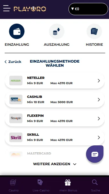 Einzahlung im Playoro Casino