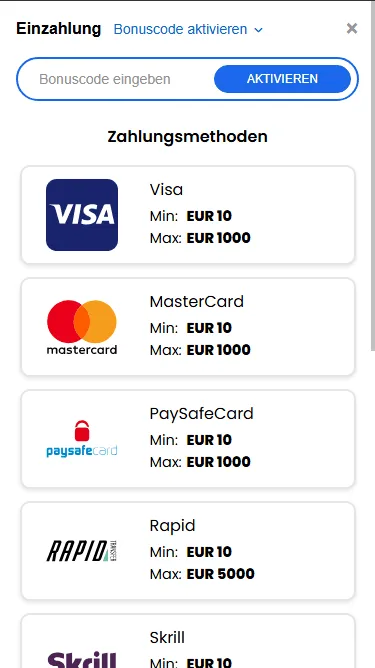 Einzahlung im Pribet Casino