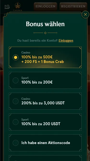 Wählen Sie einen der 4 Registrierungsboni bei Casinia Casino