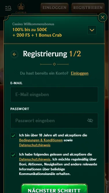 Persönliche Daten eingeben im Casinia Casino