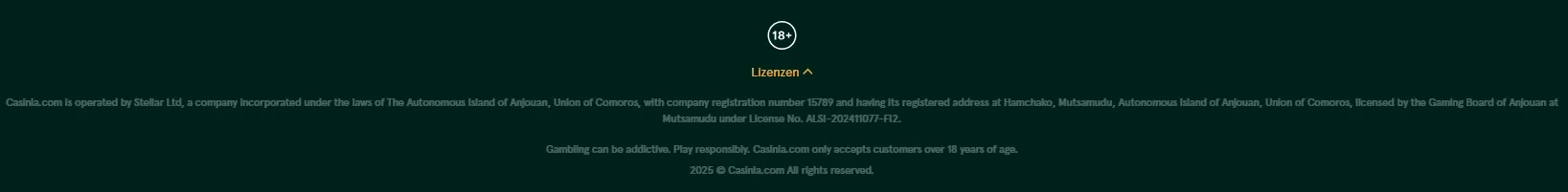 Casinia Casino Lizenz Info Lizenz Info bei Casinia Casino
