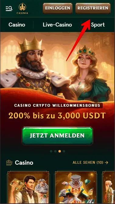 Klicken Sie auf die Schaltfläche „Registrieren“ im Casinia Casino