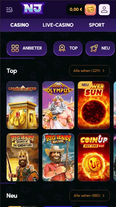 Spielauswahl im Nova Jackpot Casino