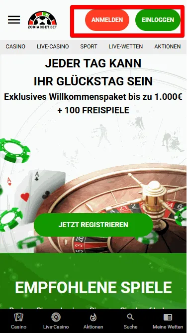 Registrier bei Zodiacbet Casino mit Visa Electron