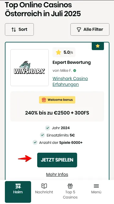 Winshark Casino mit Book of Odin Slot auf Austriawin24