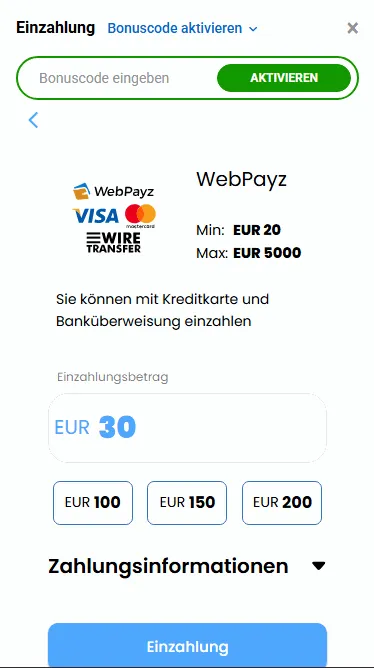 Betrag eingeben mit Visa Electron in Zodiacbet Casino