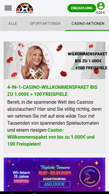 Bonus wahlen im Online Casino Zodiac mit Visa Electron