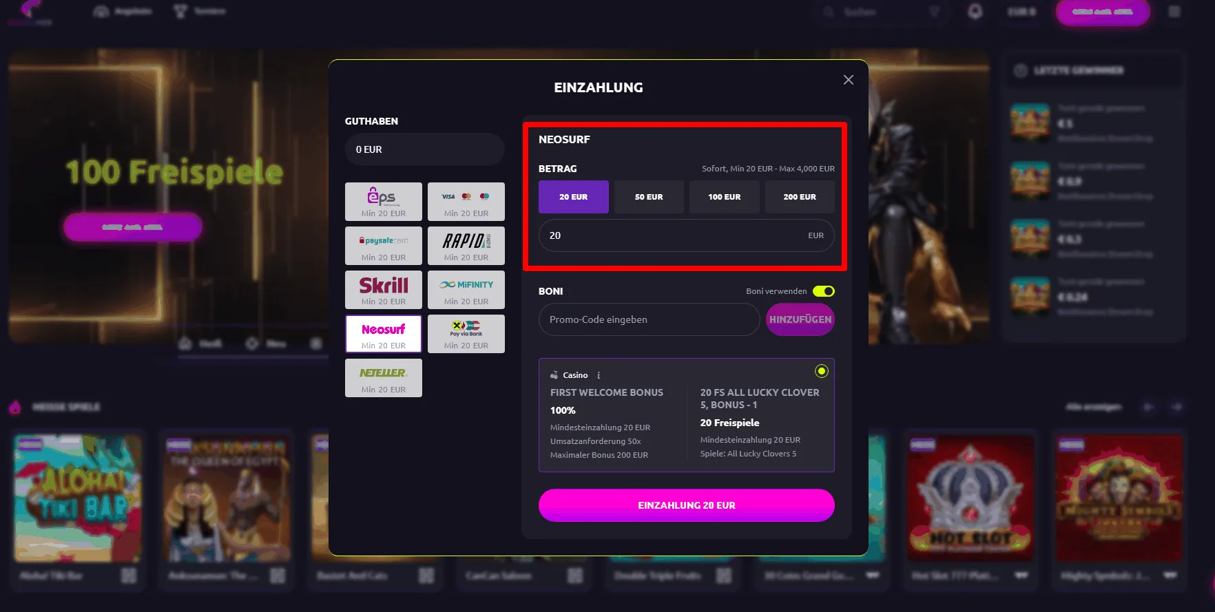 Neosurf Zahlen im CasinoRex