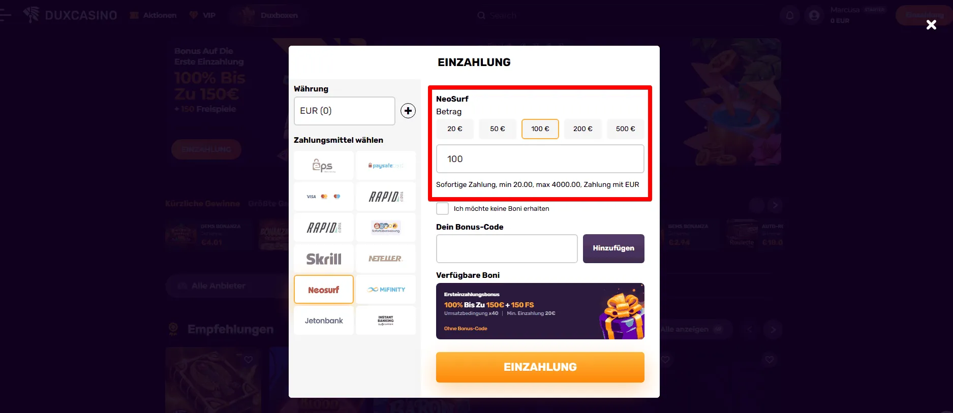 Neosurf Zahlen im DuxCasino
