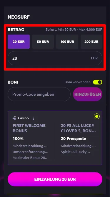 Neosurf Einzahlungsbetrag eingeben im Casino Rex