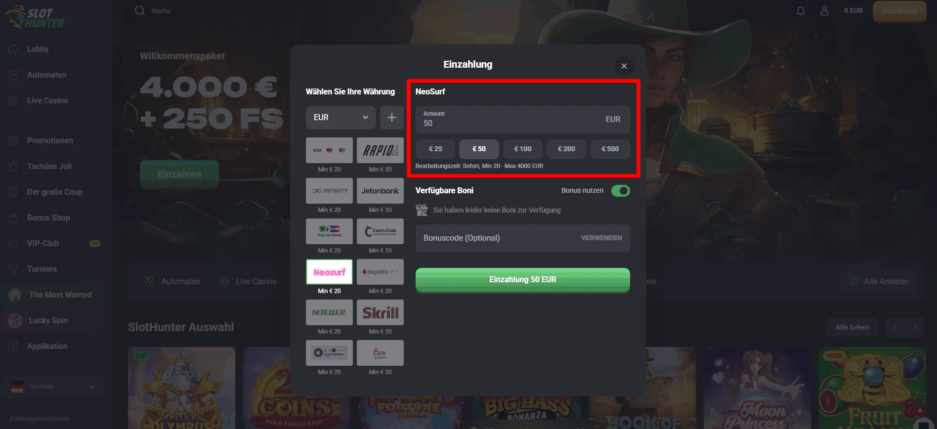 Neosurf Zahlen im Slot Hunter