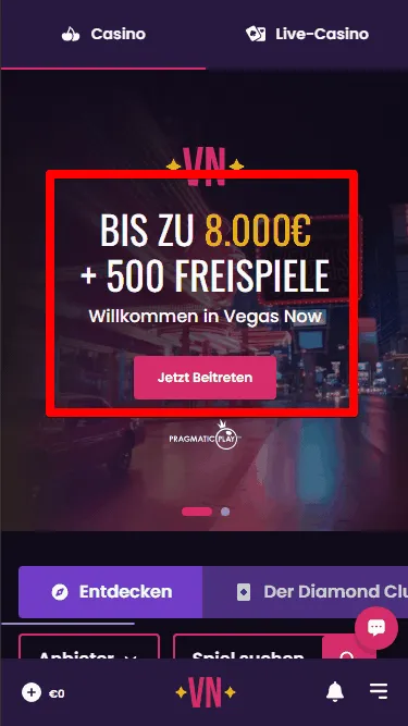 Vegasnow Willkommensbonus aktiviert