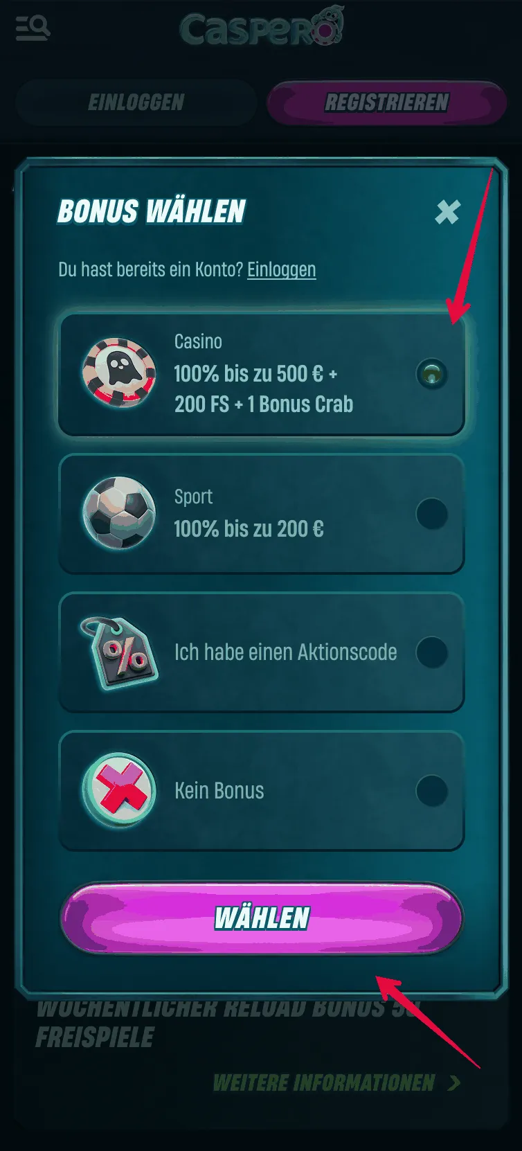 Caspero Willkommensbonus aktiviert