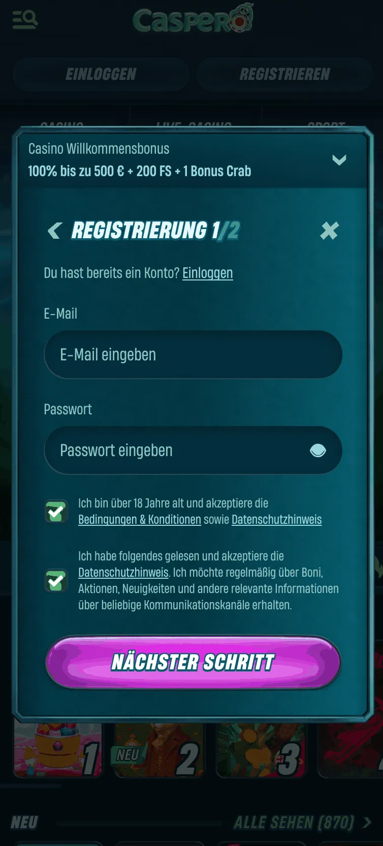 Daten eingaben bei Caspero Casino
