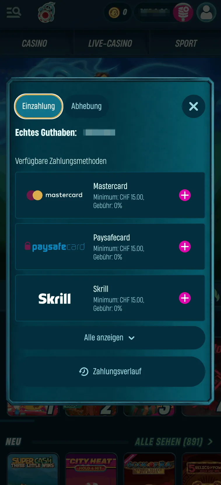 Wahlen die Zahlungsmethoden bei Caspero