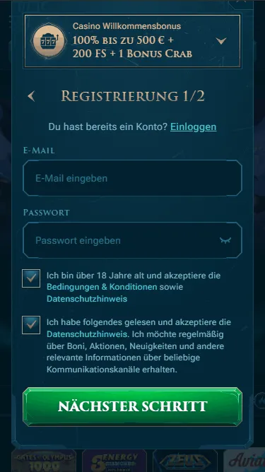 Daten eingaben bei Slotuna Casino