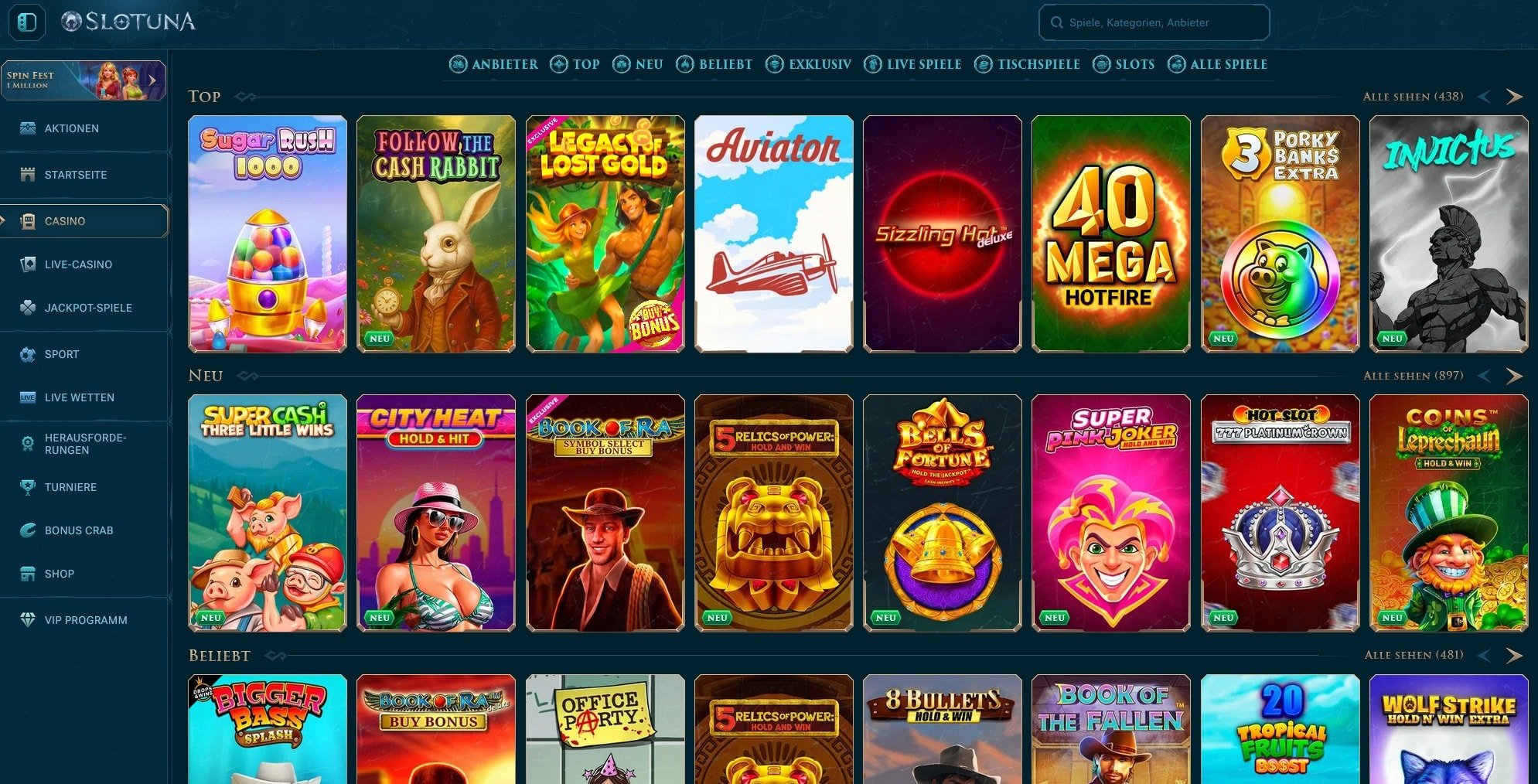 Spielangeboten im Slotuna