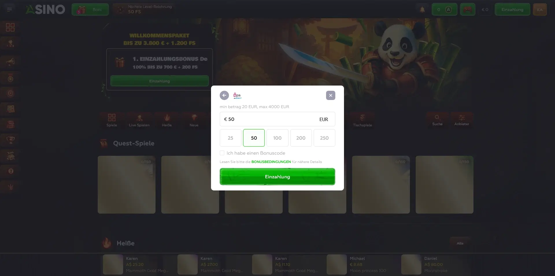 Asino Casino – EPS Einzahlung mit 50 € Einzahlungsfenster im Asino Casino mit EPS