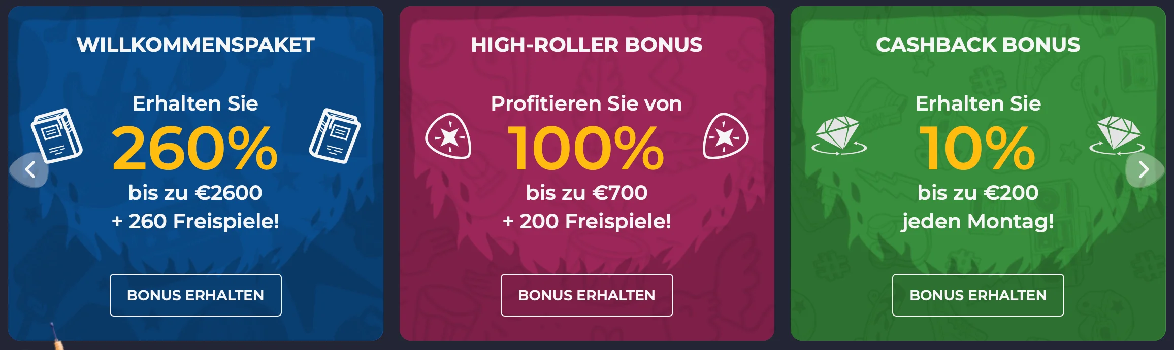 Willkommens-, High-Roller- und Cashback Bonus-Banner Casino Bonus-Banner