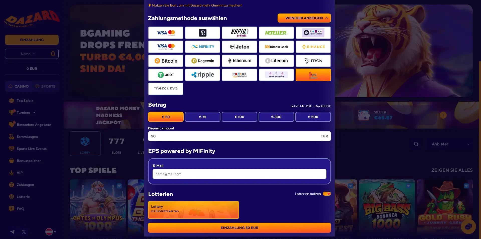 Dazard Casino – Zahlungsmethoden und Einzahlungsmöglichkeiten Dazard Casino Einzahlungsseite mit EPS