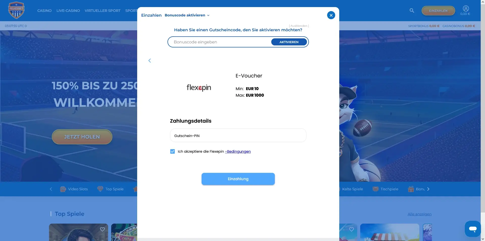 FeliceBet Einzahlungsseite mit Flexepin