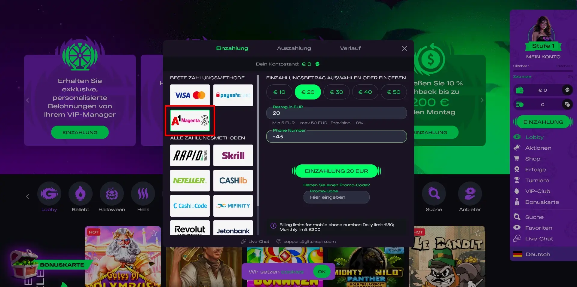 Glitchspin Casino Einzahlung per A1 Magenta & Drei Mobilzahlung Glitchspin zeigt ausgewählte Zahlungsmethode Drei