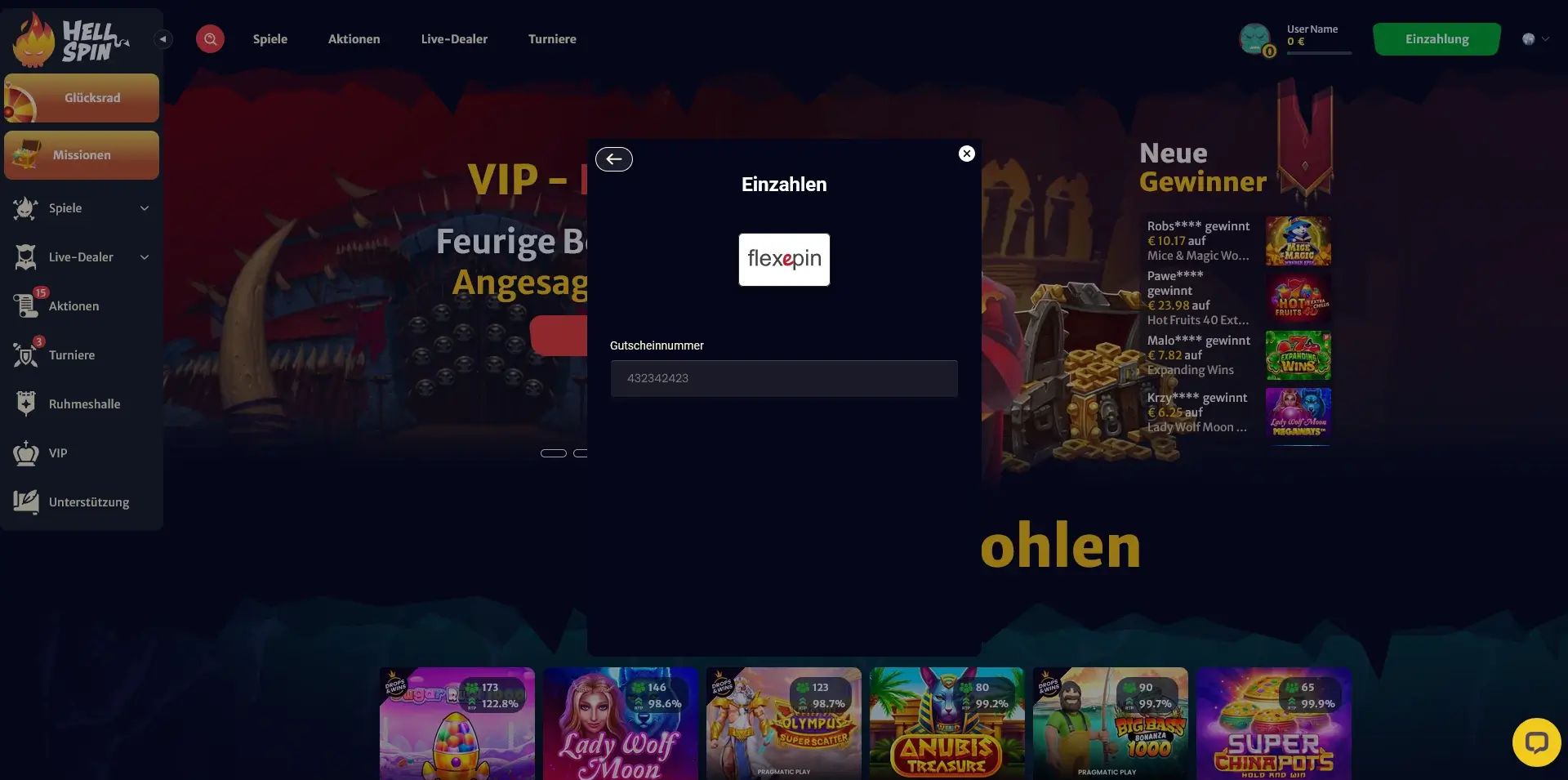 Hell Spin zeigt das Flexepin-Zahlungsfenster