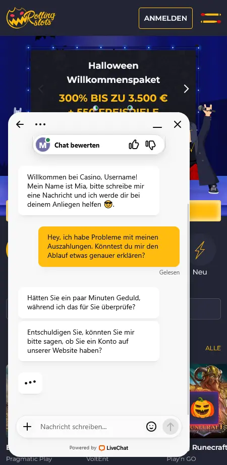 Live-Chat zur Auszahlungshilfe