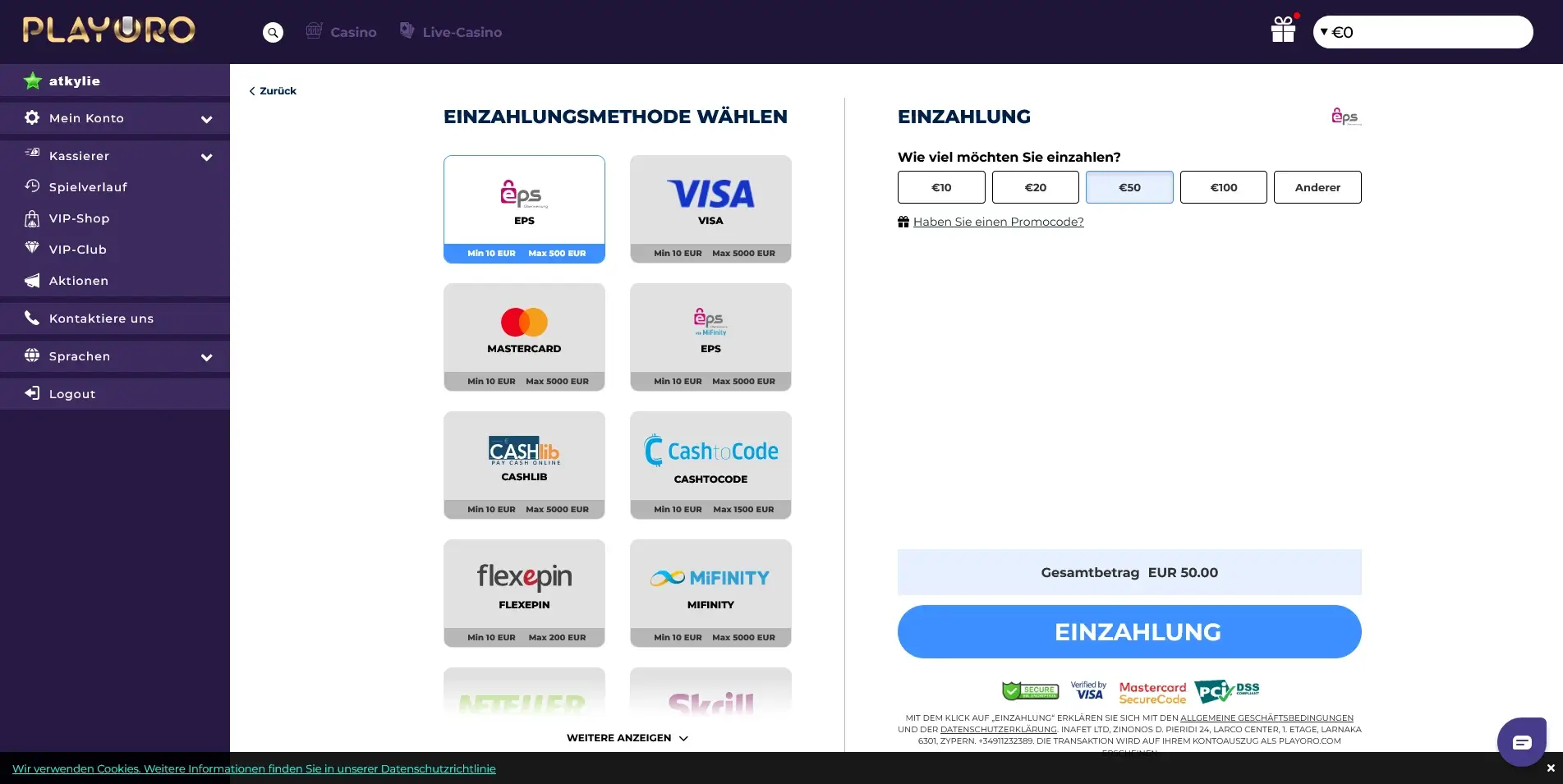Playoro Casino Einzahlungsseite mit Flexepin